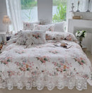 GobekUsa French Floral Print Bedding Set: Duvet Cover, Lace Ruffles, Quilted Embroidery, Pillowcases