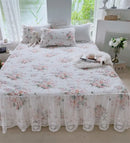 GobekUsa French Floral Print Bedding Set: Duvet Cover, Lace Ruffles, Quilted Embroidery, Pillowcases