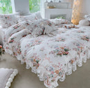 GobekUsa French Floral Print Bedding Set: Duvet Cover, Lace Ruffles, Quilted Embroidery, Pillowcases