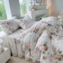GobekUsa French Floral Print Bedding Set: Duvet Cover, Lace Ruffles, Quilted Embroidery, Pillowcases