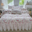 GobekUsa French Floral Print Bedding Set: Duvet Cover, Lace Ruffles, Quilted Embroidery, Pillowcases