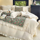 GobekUsa French Flowers Lace Ruffles Cotton Bedding Set with Duvet Cover, Bed Skirt, and Pillowcases