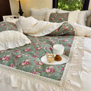 GobekUsa French Flowers Lace Ruffles Cotton Bedding Set with Duvet Cover, Bed Skirt, and Pillowcases