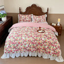 GobekUsa French Flowers Lace Ruffles Princess Bedding Set with Bed Sheet Pillowcases