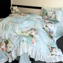 GobekUsa French Flowers Lace Ruffles Bedding Set: Soft Silky Ice Silk for Single Queen King