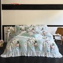 GobekUsa French Flowers Lace Ruffles Bedding Set: Soft Silky Ice Silk for Single Queen King