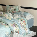 GobekUsa French Flowers Lace Ruffles Bedding Set: Soft Silky Ice Silk for Single Queen King