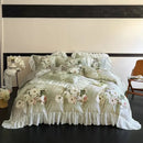 GobekUsa French Flowers Lace Ruffles Bedding Set: Soft Silky Ice Silk for Single Queen King