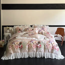 GobekUsa French Flowers Lace Ruffles Bedding Set: Soft Silky Ice Silk for Single Queen King