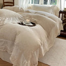 GobekUsa Jacquard Linen Cotton Ruffles Bedding Set with French Lace in Natural Skin Tone