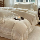 GobekUsa Jacquard Linen Cotton Ruffles Bedding Set with French Lace in Natural Skin Tone