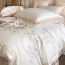 GobekUsa French Lace Flowers Embroidery Wedding Bedding Set 1200TC - Luxurious and Romantic Cotton Duvet Cover Set