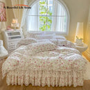 GobekUsa French Lace Ruffles Seersucker Bed Set: 4Pcs Princess Bedding Quilt Cover