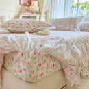 GobekUsa French Lace Ruffles Seersucker Bed Set: 4Pcs Princess Bedding Quilt Cover