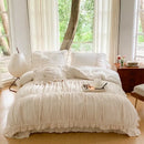 GobekUsa French Pleat Lace Ruffles Bedding Set, Velvet Fleece Duvet Cover, Embroidered Flowers