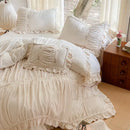 GobekUsa French Pleat Lace Ruffles Bedding Set, Velvet Fleece Duvet Cover, Embroidered Flowers