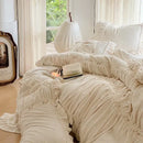 GobekUsa French Pleat Lace Ruffles Bedding Set, Velvet Fleece Duvet Cover, Embroidered Flowers