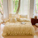 GobekUsa French Pleat Lace Ruffles Bedding Set, Velvet Fleece Duvet Cover, Embroidered Flowers