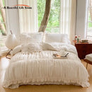 GobekUsa French Pleat Lace Ruffles Bedding Set, Velvet Fleece Duvet Cover, Embroidered Flowers