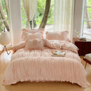 GobekUsa French Pleat Lace Ruffles Bedding Set, Velvet Fleece Duvet Cover, Embroidered Flowers