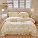 GobekUsa French Princess Floral Lace Ruffles Bedding Set with Imitation Pearls