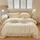 GobekUsa French Princess Floral Lace Ruffles Bedding Set with Imitation Pearls