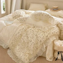 GobekUsa French Princess Floral Lace Ruffles Bedding Set with Imitation Pearls