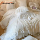 GobekUsa French Princess Velvet Bedding Set, Queen Size with Lace Ruffles
