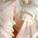 GobekUsa French Romantic Lace Ruffles Flowers Embroidery Bedding Set in Pink & Blue Cotton