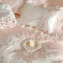 GobekUsa French Romantic Lace Ruffles Flowers Embroidery Bedding Set in Pink & Blue Cotton