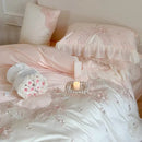 GobekUsa French Romantic Lace Ruffles Flowers Embroidery Bedding Set in Pink & Blue Cotton