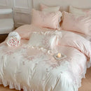 GobekUsa French Romantic Lace Ruffles Flowers Embroidery Bedding Set in Pink & Blue Cotton