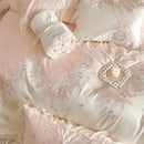 GobekUsa French Romantic Lace Ruffles Flowers Embroidery Bedding Set in Pink & Blue Cotton