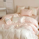 GobekUsa French Romantic Lace Ruffles Flowers Embroidery Bedding Set in Pink & Blue Cotton