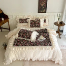GobekUsa French Rose Flowers Pattern Bedding Set, 100% Cotton, Ruffles, Duvet Cover, Bed Skirt