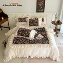 GobekUsa French Rose Flowers Pattern Bedding Set, 100% Cotton, Ruffles, Duvet Cover, Bed Skirt