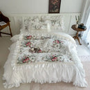 GobekUsa French Rose Flowers Pattern Bedding Set, 100% Cotton, Ruffles, Duvet Cover, Bed Skirt
