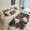 GobekUsa French Rose Flowers Pattern Bedding Set, 100% Cotton, Ruffles, Duvet Cover, Bed Skirt