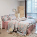 GobekUsa French Rose Flowers Print Lace Ruffles Cotton Bedding Set - Duvet, Bed Skirt, Sheets & Pillowcases