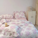 GobekUsa French Rose Flowers Print Lace Ruffles Cotton Bedding Set - Duvet, Bed Skirt, Sheets & Pillowcases