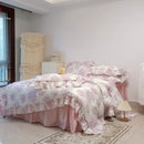 GobekUsa French Rose Flowers Print Lace Ruffles Cotton Bedding Set - Duvet, Bed Skirt, Sheets & Pillowcases
