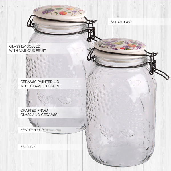 LARGE Fresh Fruit Embossed Glass Canisters, Set of 2