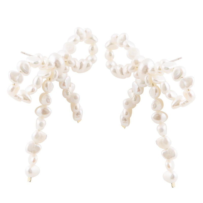 Freshwater White Pearl Bow Post Earrings