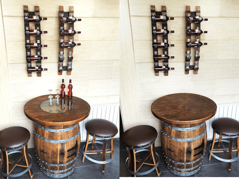 Handcrafted Wine Barrel Bar Set - Wien Racks - Whiskey & Wine Barrel Bar with Pub Table and Bar Stools for Home Bar Decor