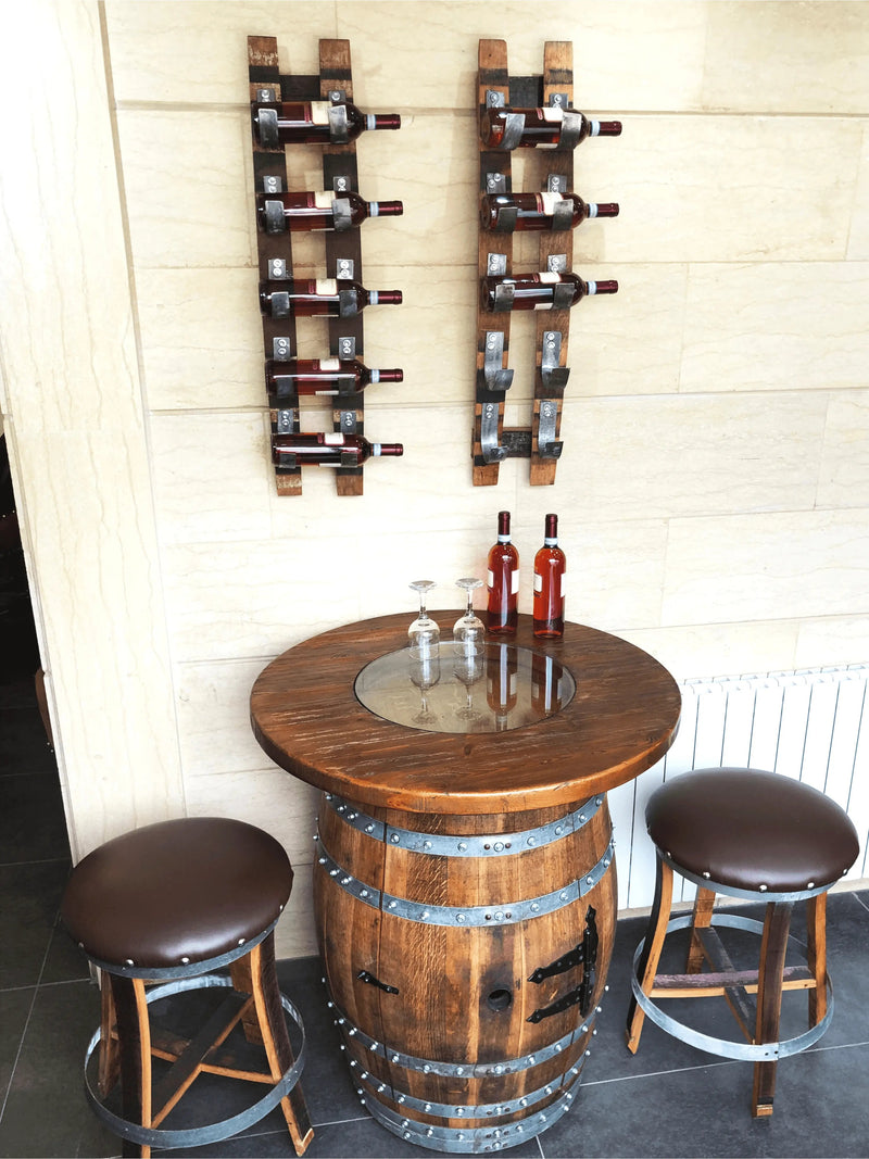 Handcrafted Wine Barrel Bar Set - Wien Racks - Whiskey & Wine Barrel Bar with Pub Table and Bar Stools for Home Bar Decor