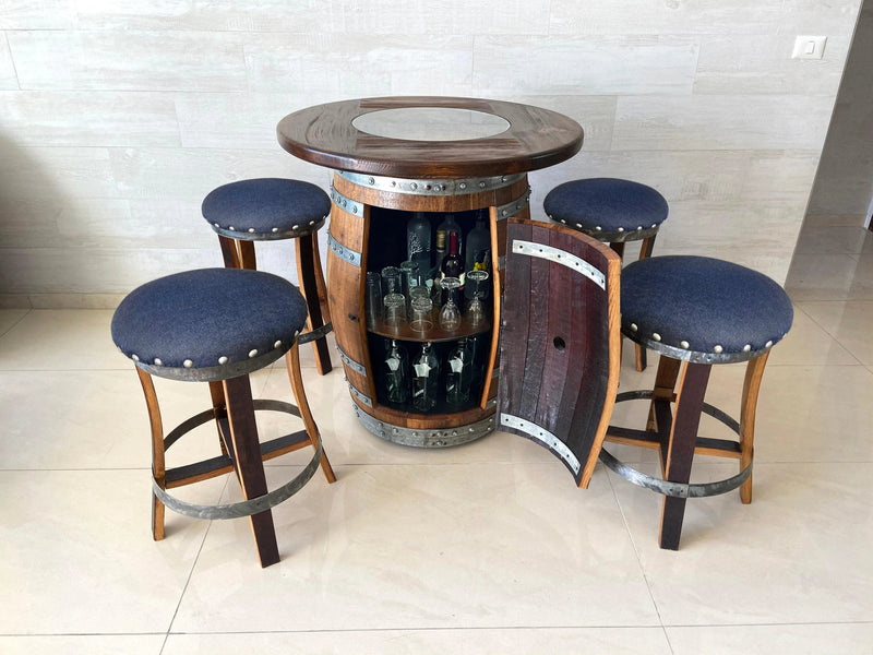 Limited Colorways - Oak Wine Barrel Whiskey Barrel Pub Table Set, Storage, Bar Stools, Home Bar, Man Cave, Whiskey Cabinet, Whiskey Barrel Bar, Glass Top