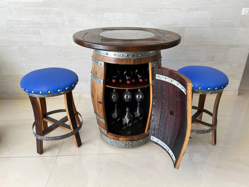 Limited Colorways - Oak Wine Barrel Whiskey Barrel Pub Table Set, Storage, Bar Stools, Home Bar, Man Cave, Whiskey Cabinet, Whiskey Barrel Bar, Glass Top