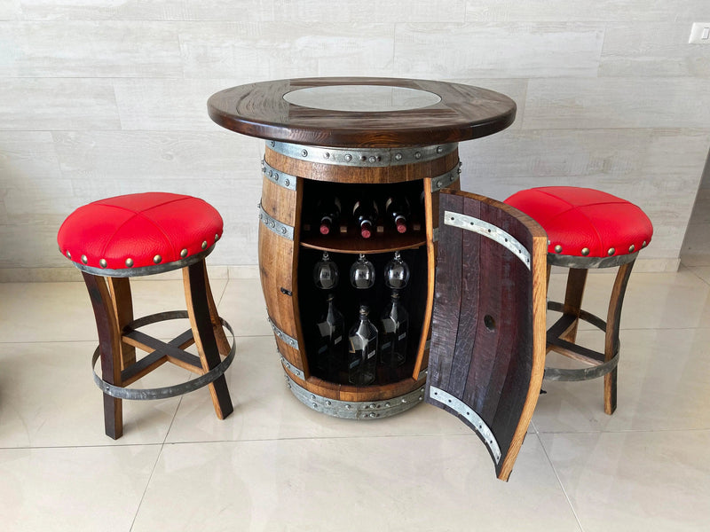 Limited Colorways - Oak Wine Barrel Whiskey Barrel Pub Table Set, Storage, Bar Stools, Home Bar, Man Cave, Whiskey Cabinet, Whiskey Barrel Bar, Glass Top