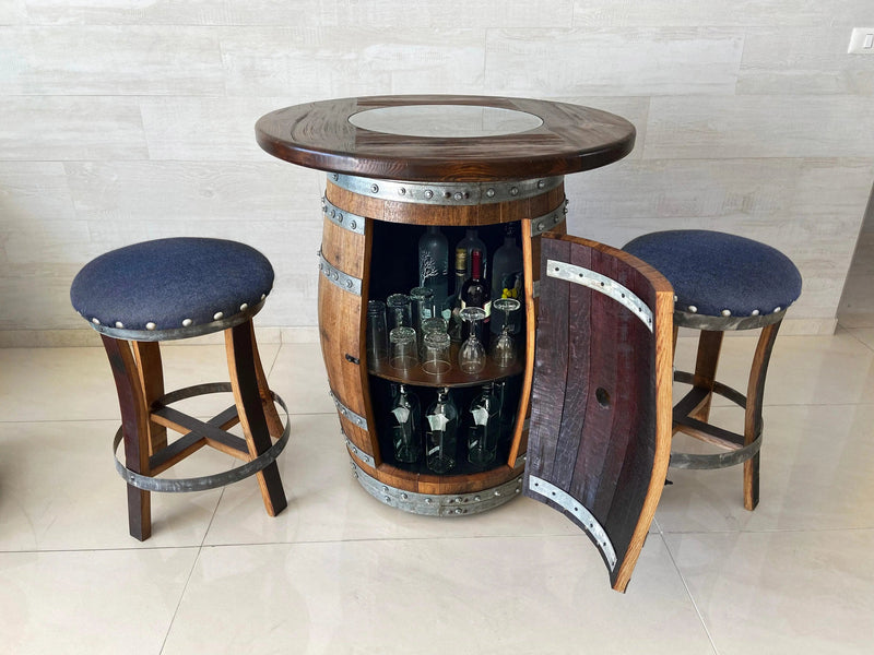 Limited Colorways - Oak Wine Barrel Whiskey Barrel Pub Table Set, Storage, Bar Stools, Home Bar, Man Cave, Whiskey Cabinet, Whiskey Barrel Bar, Glass Top