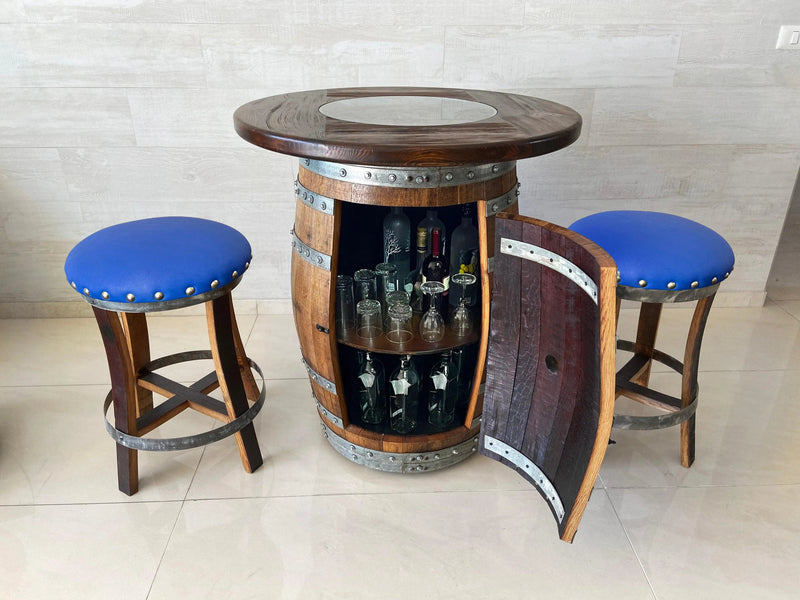 Limited Colorways - Oak Wine Barrel Whiskey Barrel Pub Table Set, Storage, Bar Stools, Home Bar, Man Cave, Whiskey Cabinet, Whiskey Barrel Bar, Glass Top